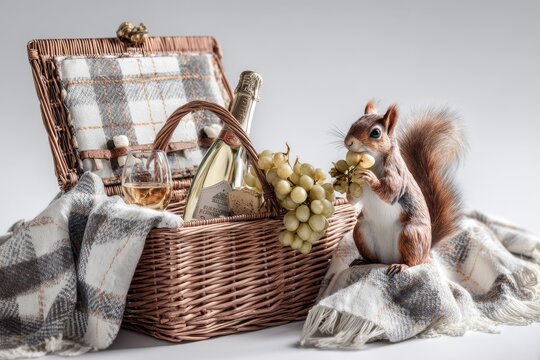Squirrel nibbling grapes beside wicker picnic basket and champagne bottle