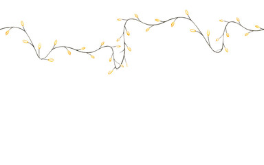 Christmas garland with gold lanterns. Holiday seamless border, banner, electric light string, watercolor hand painted illustration isolated on background. For designers, decoration, shop, for