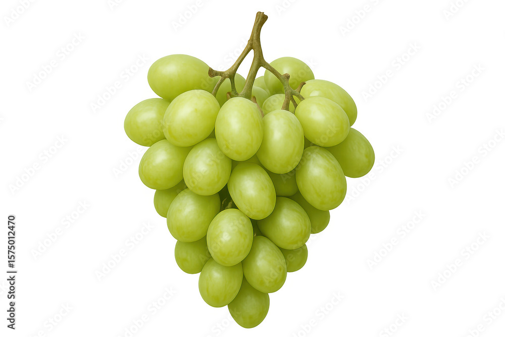 Poster green grape cluster displaying plump, glossy texture with soft highlights, rendered against transpar