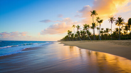 Beautiful Tropical Beach Scene with Palm Trees at Sunset