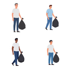 Young man taking out trash while walking in casual clothing, vector, set, white background   