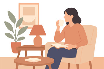 Woman enjoying coffee while reading in cozy minimalist living room
