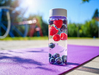 Refreshing Berry Infused Water in a Clear Bottle on a Yoga Mat Outdoors