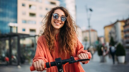 Une femme fait de la trottinette électrique dans un environnement urbain , elle est adepte de la mobilité douce et durable