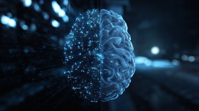 Un cerveau d'intelligence artificielle connect&eacute; &agrave; un cerveau humain sur fond technologique bleu