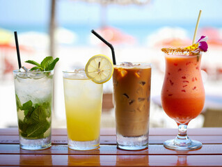 Four Refreshing Cold Drinks with Mint Lemonade Iced Coffee and Tropical Juice on a Table