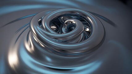 Abstract metallic sculpture with swirling blue and silver reflections and light highlights