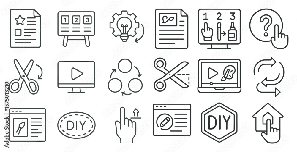 Poster set of icons for a diy project. the icons include a pair of scissors, a computer monitor, a keyboard