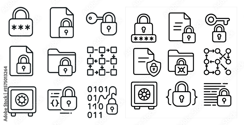 Poster set of icons for security and privacy. the icons include a padlock, a key, and a safe. scene is seri