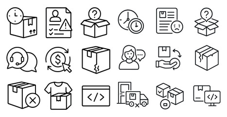 Set of icons for a shipping company. The icons include a woman holding a box, a woman talking on a phone, a woman giving a box to someone, a woman looking at a box, a woman looking at a computer