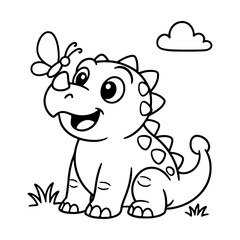 Happy cartoon dinosaur sitting with butterfly on nose. Black and white coloring page for kids. Prehistoric animal and friendship concept