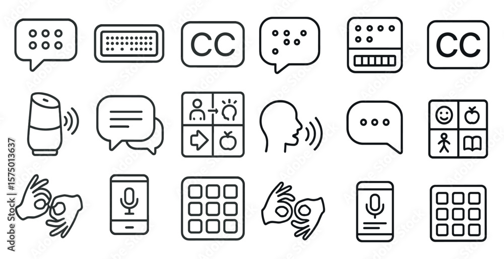 Poster set of icons for various devices and apps, including a keyboard, a phone, a smart speaker, and a com