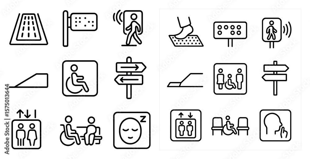 Poster collection of icons that represent various aspects of public spaces and transportation. the icons in