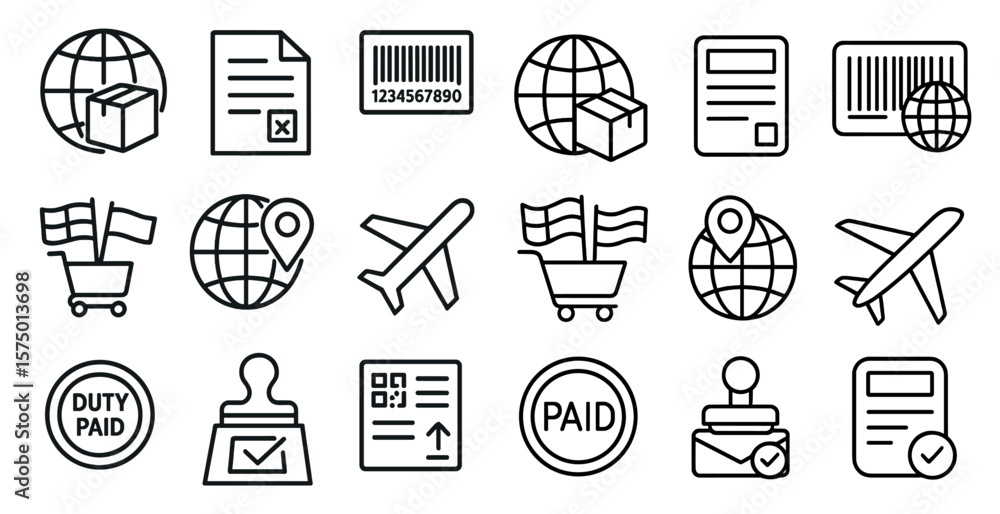 Poster set of icons for various transportation and shopping related items. the icons include a plane, a sho