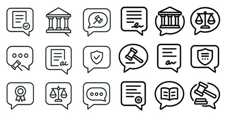 Set of icons for legal documents and court proceedings. The icons include a gavel, a book, a pen, a signature, and a shield