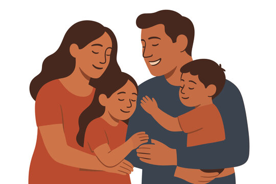 Happy family embracing in warm earth tones illustration