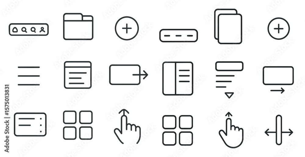 Poster set of icons for a computer program. the icons include a file folder, a book, a checkbox, a plus sig