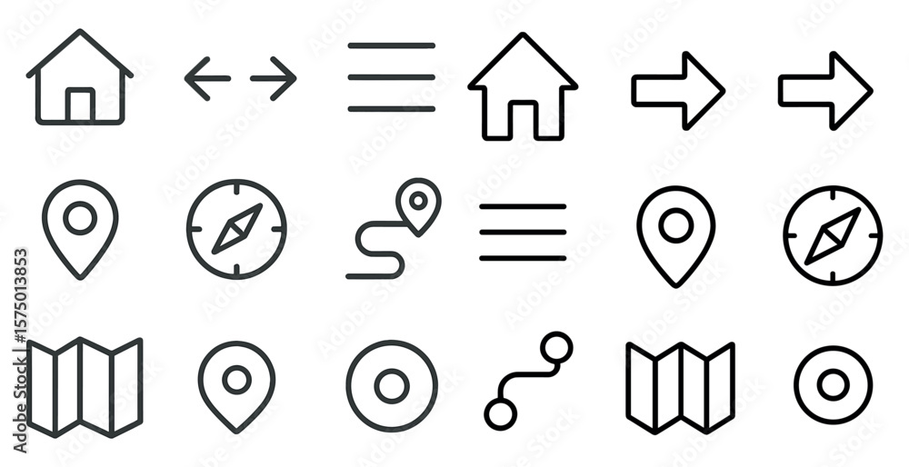 Poster set of icons for navigation and maps. the icons include a compass, a house, a house with a house, a 