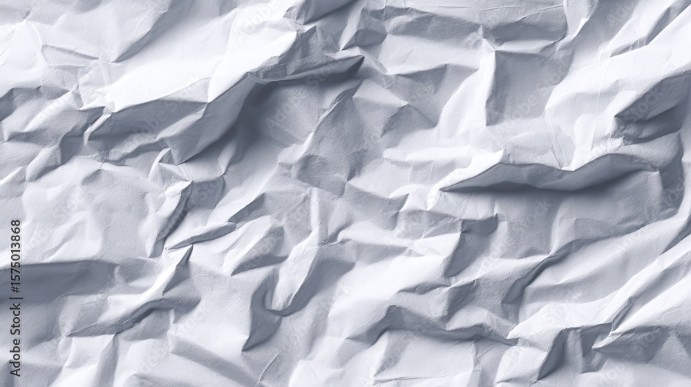 Poster crumpled white paper surface displaying intricate textures, shadows creating geometric patterns, for