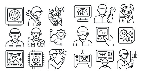 Collection of icons depicting various professions and activities. The icons include a man wearing a helmet, a person holding a remote control, a person wearing a hard hat