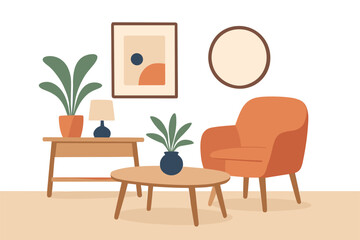 Modern minimalist living room with mid-century decor and indoor plants