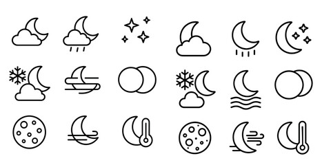 Series of black and white drawings of the moon and clouds. The drawings are of different sizes and shapes, and some of them have a wavy line. The mood of the images is calm and peaceful