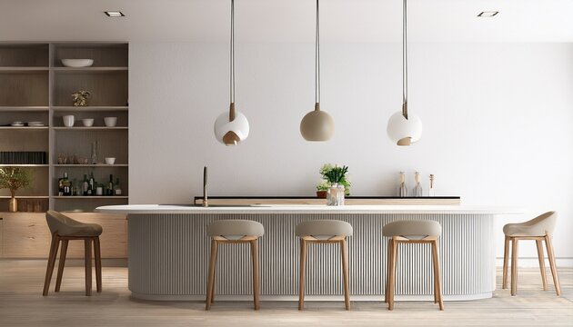 modern home and living and dining room with cozy pantry island and stool bar mockup decoration and white wall texture background interior design 3d rendeing