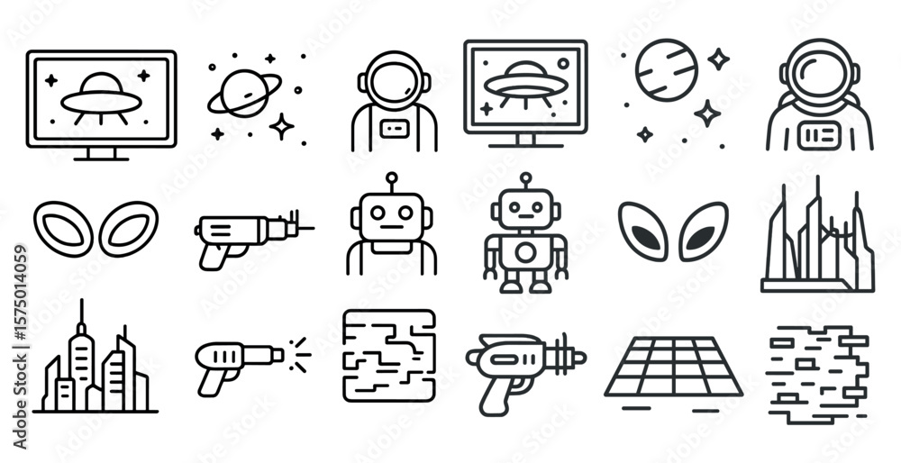 Poster collection of robot and space related icons. the icons include a robot, a space station, a spaceship