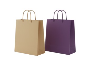 Light brown kraft and dark purple retail shopping bags with twisted handles, standing side-by-side on a reflective white surface against a clean studio backdrop, high-key lighting, professional