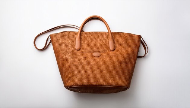 stylish brown beach bag isolated on white top view
