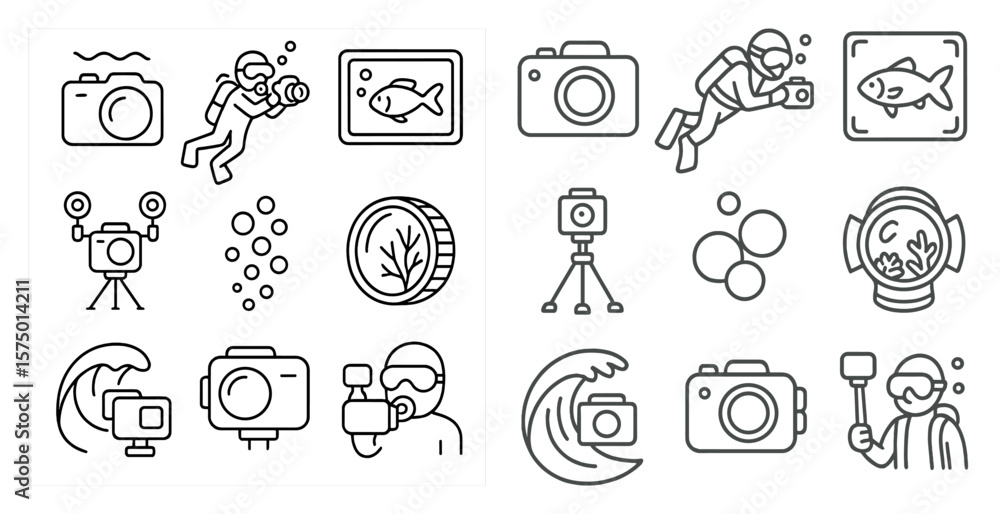 Poster set of images of people and objects related to photography and underwater exploration. the images in
