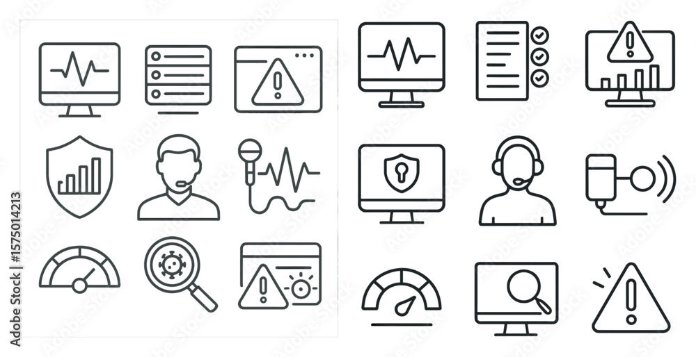 Poster set of icons for a computer monitor. the icons include a microphone, a computer monitor, a keyboard,