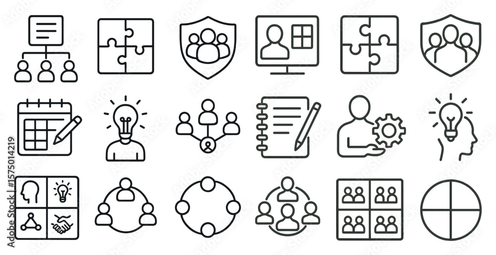 Poster series of icons that represent different aspects of teamwork and collaboration. the icons include a 