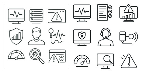 Set of icons for a computer monitor. The icons include a microphone, a computer monitor, a keyboard, a mouse, a speaker, a person with a microphone, a person with a computer monitor