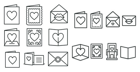 Set of cards with hearts on them. Some of the cards are for Valentine's Day. The cards are all lined up in a row