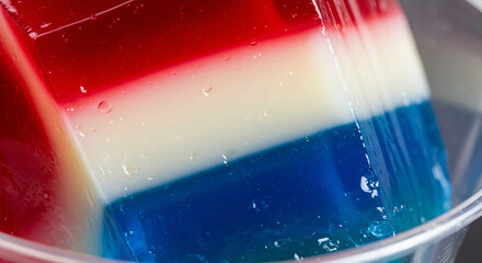 Vibrant gelatin dessert in patriotic layers, captured in delicious close-up with shiny surface texture.