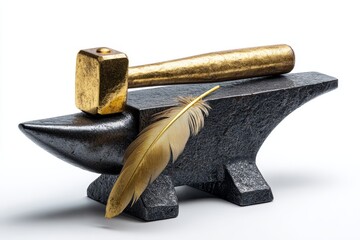 Anvil with golden hammer resting on top and golden feather lying across