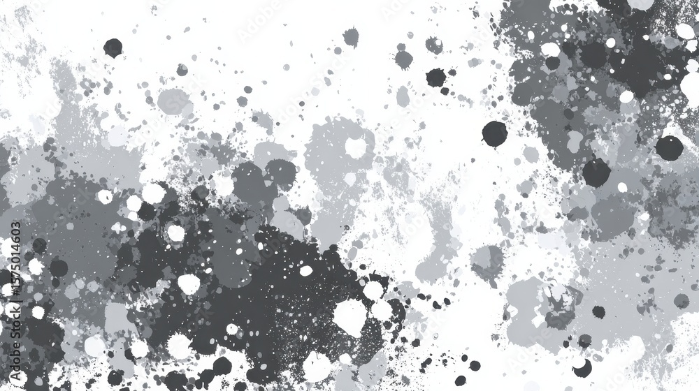 Poster gray paint is splattering on a white surface, creating an abstract design with varying shades of gra