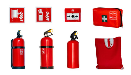 Obraz premium fire extinguisher, first aid kit, fire alarm button, safety sign and bag with fire extinguishing cloth isolated on white background
