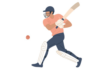 Cricket player batting action in minimalist style on white background