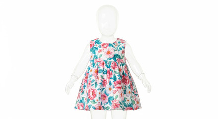 Child mannequin wearing a colorful floral print summer dress, isolated on a clean white background under high key studio light

