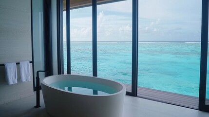 Lavish Infinity Bathtub Overlooking Private Island and Ocean View in Modern Interior Space