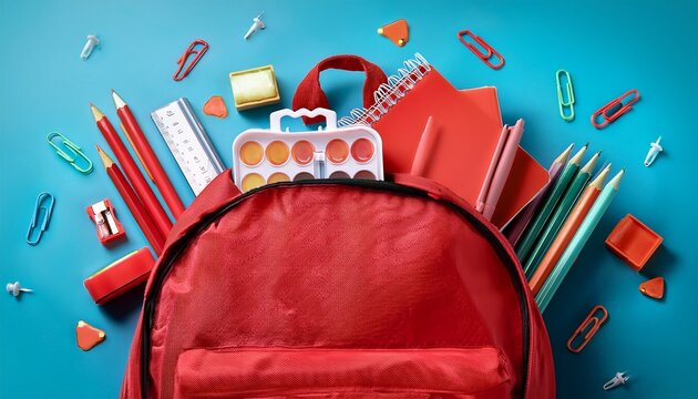 red school backpack with different stationery supplies on blue background