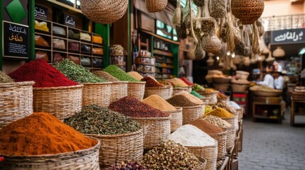 Vibrant Moroccan Souk Filled with Colorful Spices and Exquisite Local Products
