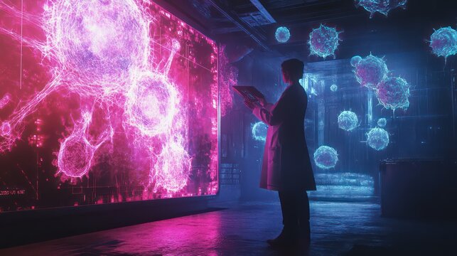 Researcher analyzing glowing virus models on a screen in a futuristic laboratory