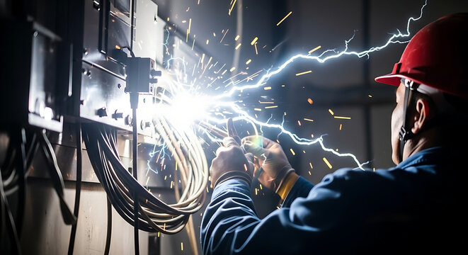 Electrician performing maintenance with visible electric sparks or shock effects