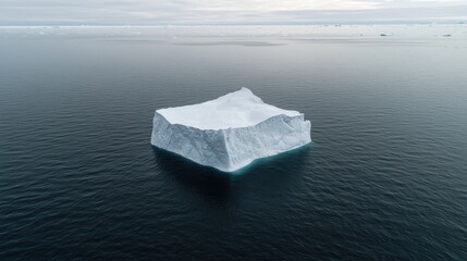 Aerial View of a Lone Iceberg Floating in the Open Ocean Under a Cloudy Sky