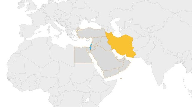 Iran and Israel on the world map. Animation of the Middle East countries with capitals and marking the borders of Iran and Israel. Map with Alpha channel
