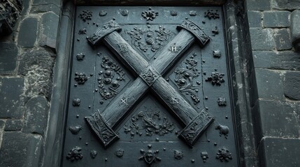 Intricate Metal Door Detail: Hammer-Shaped Cross with Ornate Decorations