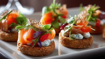 Gourmet mini toasts garnished with delicate smoked salmon, herbal accents, creamy cheese spread, presenting elegant bite sized hors d'oeuvres